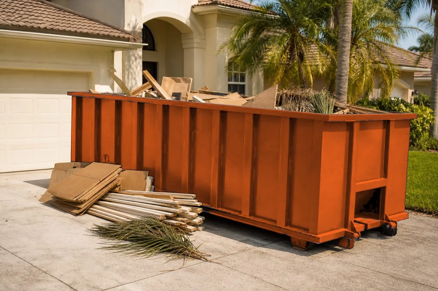 Roll-off container beside a driveway with renovation debris