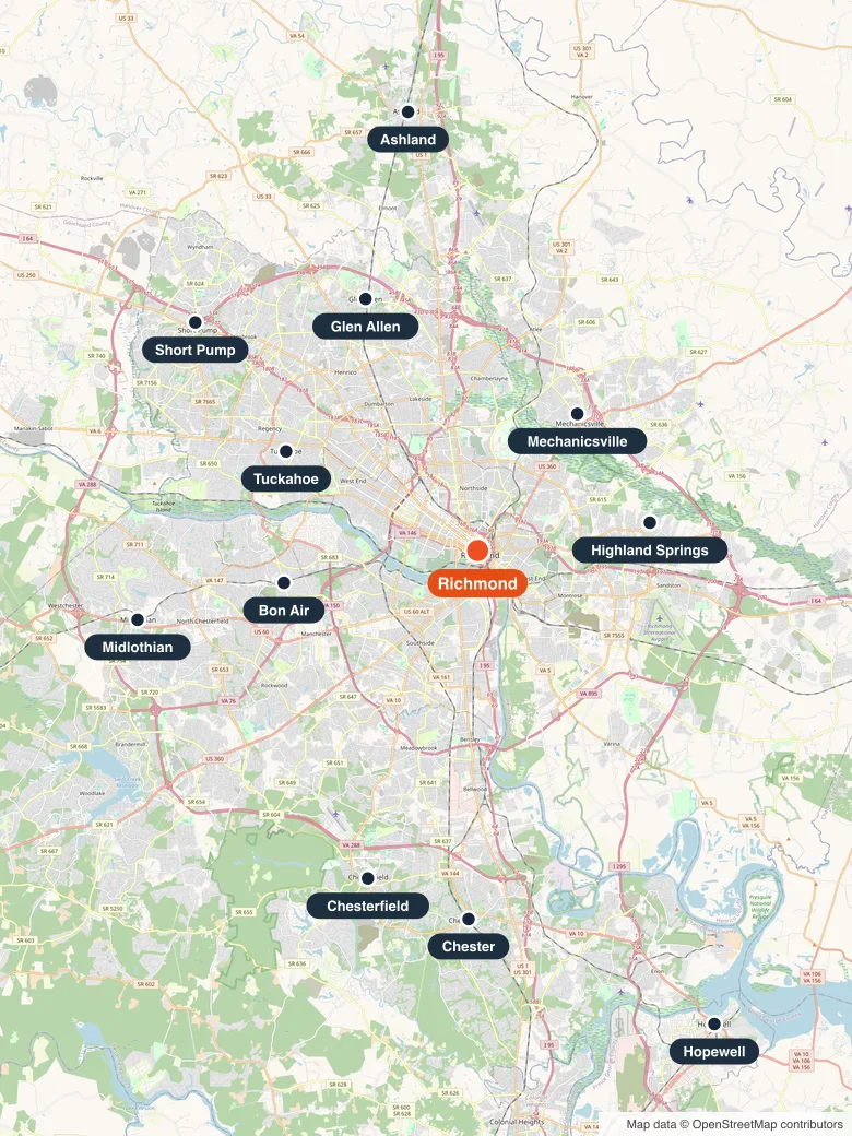 Map of Greater Richmond with pins on Richmond and 11 nearby service communities